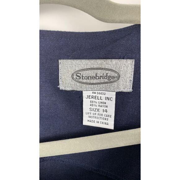 Stonebridge Womens Linen Navy Blue Sleeveless Dress Embroidered Back Zip Size 14 - Picture 6 of 8